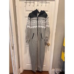 OnePiece Marius Jump In Grey Navy Nordic Fair Isle Hooded‎ Jumpsuit Large Lounge
